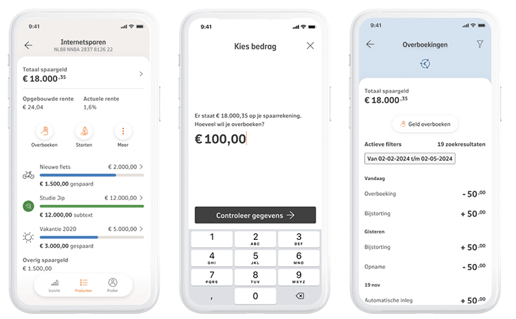 plaatje met daarop 3 afbeeldingen van schermen van de NN app. Op scherm 1 zie je spaardoelen, op scherm 2 wordt uitgelegd hoe overmaken eruit ziet en op scherm 3 het totaal van je overboekingen van je rekeningen