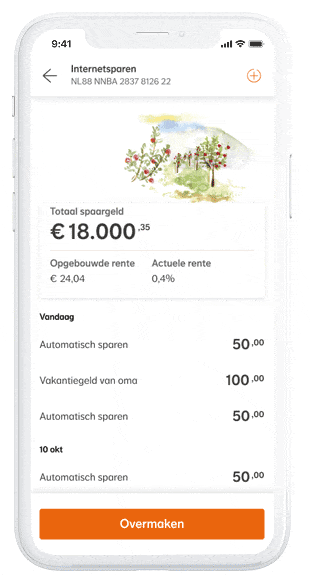 Smartphone toont spaarrekening met €18.000,35 saldo, €24,04 rente en 0,4% rentepercentage. Transacties: automatisch sparen en vakantiegeld van oma. Knop 'Overmaken' onderaan zichtbaar.