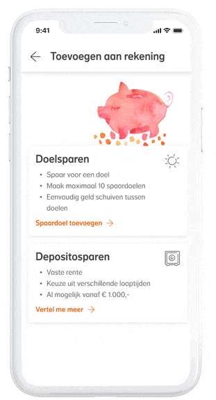 Mobiele bankapp toont opties voor Doelsparen en Depositosparen met roze spaarvarken bovenaan. Knoppen voor spaardoel toevoegen en info over deposito’s. Tekst beschrijft voordelen van beide spaarvormen.
