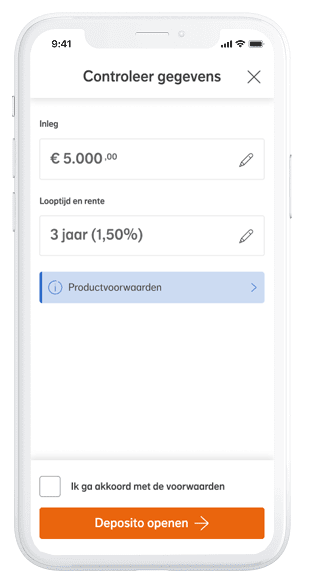 Mobiele app toont scherm 'Controleer gegevens' voor deposito van €5.000 met 3 jaar looptijd en 1,50% rente. Knoppen voor productvoorwaarden en 'Deposito openen', plus checkbox voor akkoord met voorwaarden.