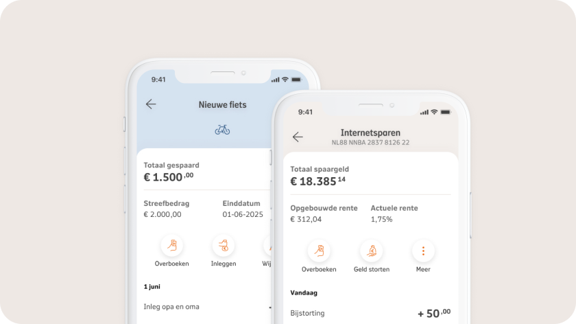 2 screendumps van de NN app onderdeel internetsparen